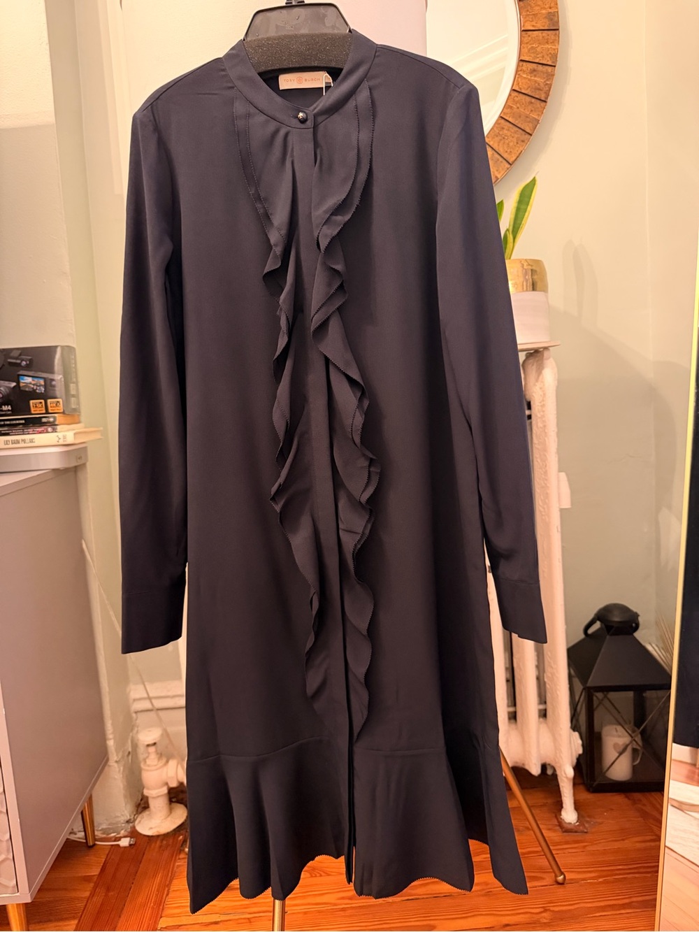 Tory Burch Navy Ruffle-Front Long Sleeve Dress NWT
